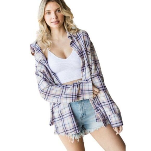 Veveret Tops - VEVERET Plaid Button Down Long Sleeve Raw Hem Shacket Shirt Lavender M & L NWT